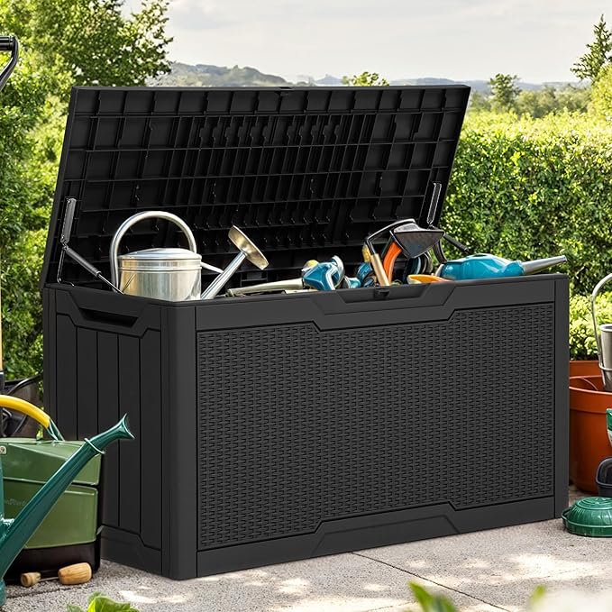 YITAHOME 80 Gallon Outdoor Storage Box, Large Water Resistant Resin Deck Box, Indoor Outdoor Lockable Rattan Storage Container for Patio, Garden, Cushions, Tools, Equipment (Black)