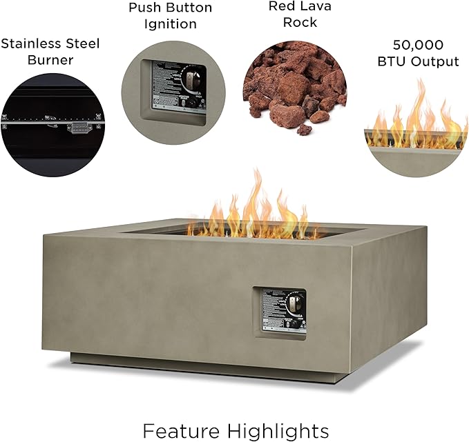 Real Flame Aegean 36”in Square Propane or Natural Gas Fire Pit Table, 50,000 BTU, Powder-Coated Steel, Push-Button Ignition, CSA Certified, Lava Rock, Storage Cover, Stainless Steel Burner with Lid