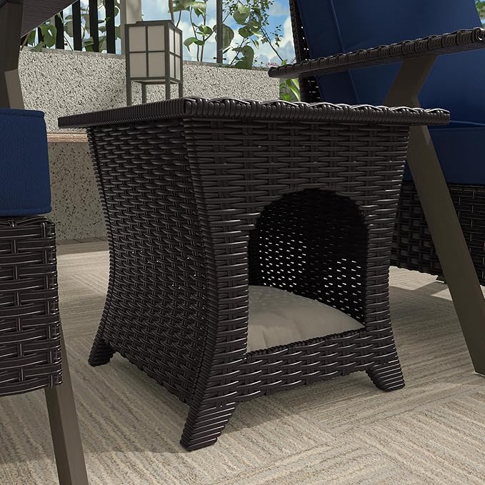 Vista Vibe Patio Wicker Side Table, All-Weather Rattan Furniture, 2 in 1 End Table & Pet Nest for Porch, Sunroom, Garden (Beige)