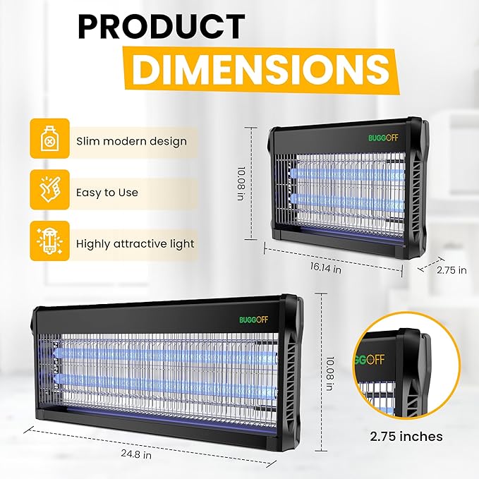 BUGGOFF Indoor Black Modern Electric Bug Zapper, 800 SQFT Coverage, 3500 Volts of Stunning Power, 20 Watts, Kills Mosquitos Gnats, Flys & More. 10 Year Warranty, X2 Free Repalcment Bulbs