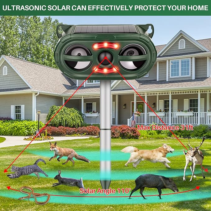 Animal Repellent Outdoor,Solar Pest Animal Repellent Outdoor,Squirrel Repellent,Racoon Repeller,Effective Deer Repellent Devices with Motion Sensor & Flashing Light for Yard Garden(2 Pcs)