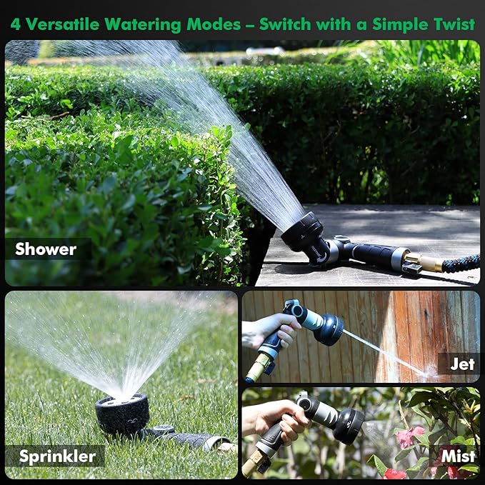 RESTMO 2-IN-1 Garden Hose Nozzle, Heavy Duty Metal Water Hose Nozzle with 4 Spray Patterns, Magic Twist and Thumb Flow Control, Ideal for Watering Plants & Lawns, Washing Cars & Pets, Black