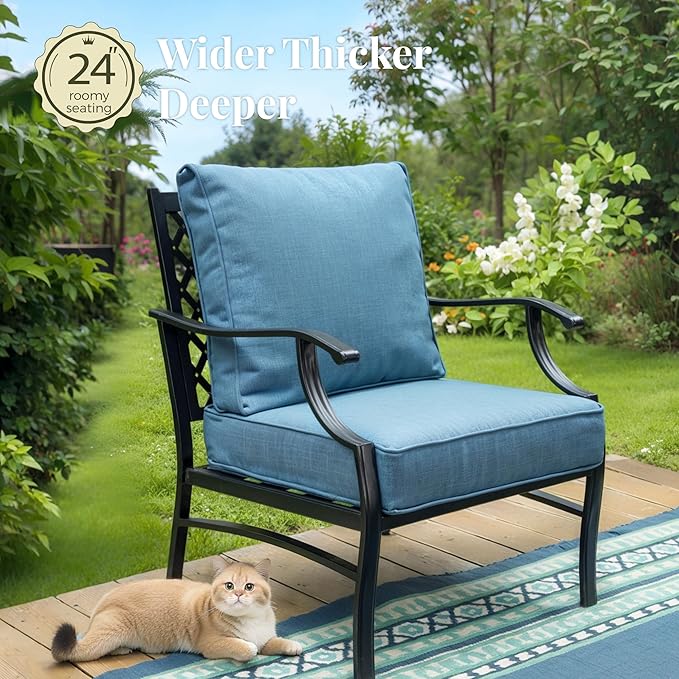 Patio Furniture Set, 4 Pcs Metal Outdoor Conversation Set, 2 Single Chairs and 3 Seater Sofa with 5.75" Extra Thick Cushion and Gas Fire Pit Table for Backyard Deck, Navy Blue