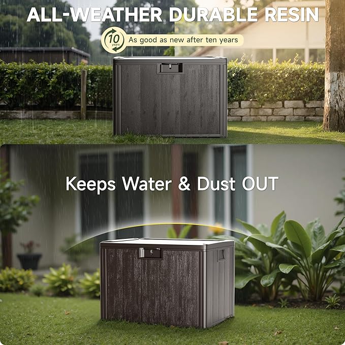 40 Gallon Deck Box, Double Layer Waterproof Resin Outdoor Indoor Storage Box, Lockable & UV Resistant Storage Bin for Patio Furniture, Garden Tools, Pool Accessories (Brown)