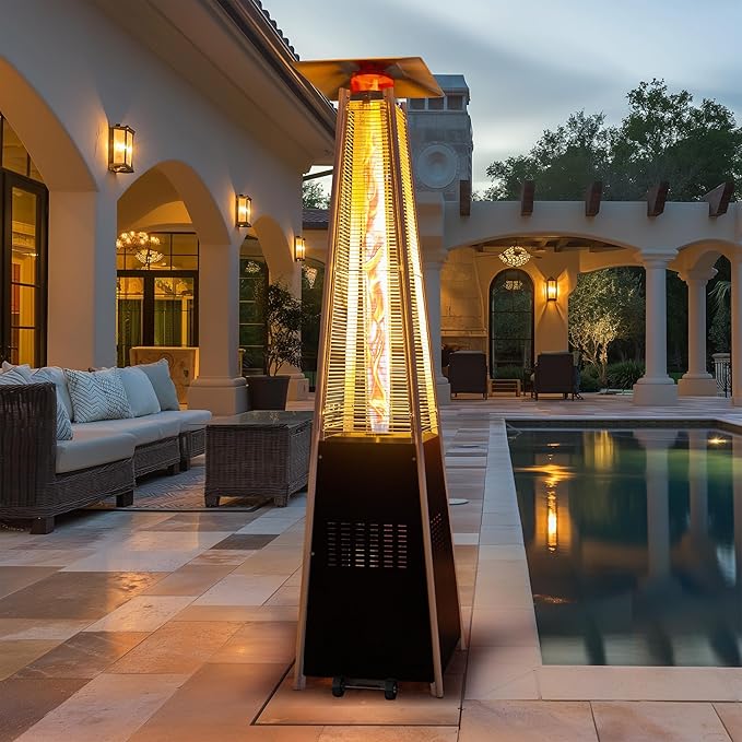 48,000 BTU Flame Pyramid Pool Heater, Triple Safety Protection Portable Patio Heater with Patio Cover, Warm Glass Tube with Durable Wheels-Black