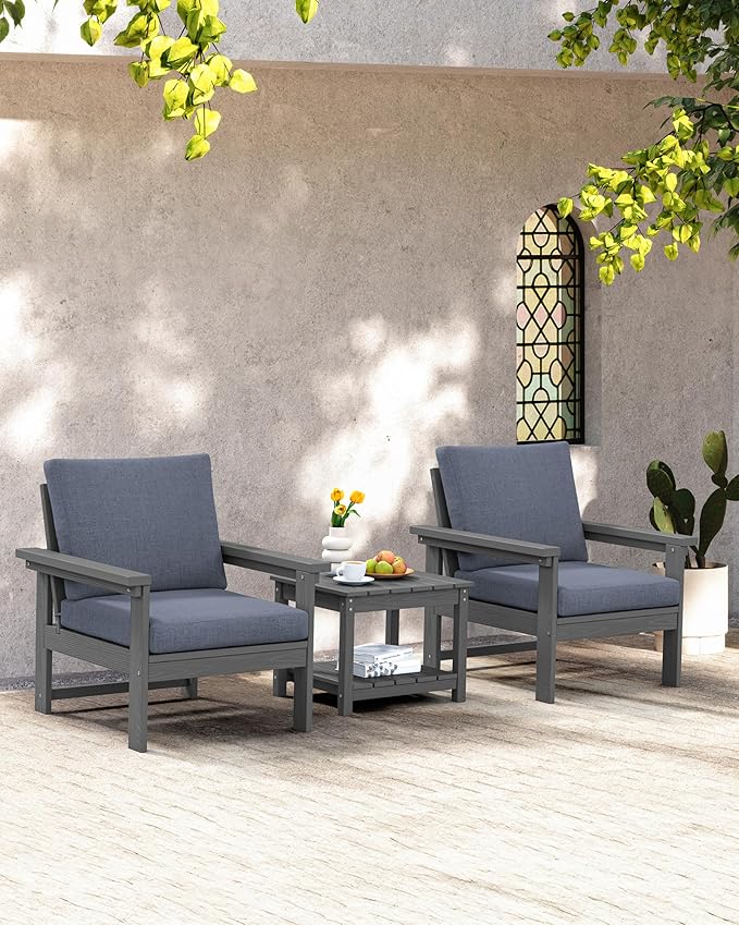 SERWALL Outdoor Patio Sofa Set, 2-Piece HDPE Single Seat Outdoor Sofa Chair with Padded Cushions, Gray Frame with Gray Cushion