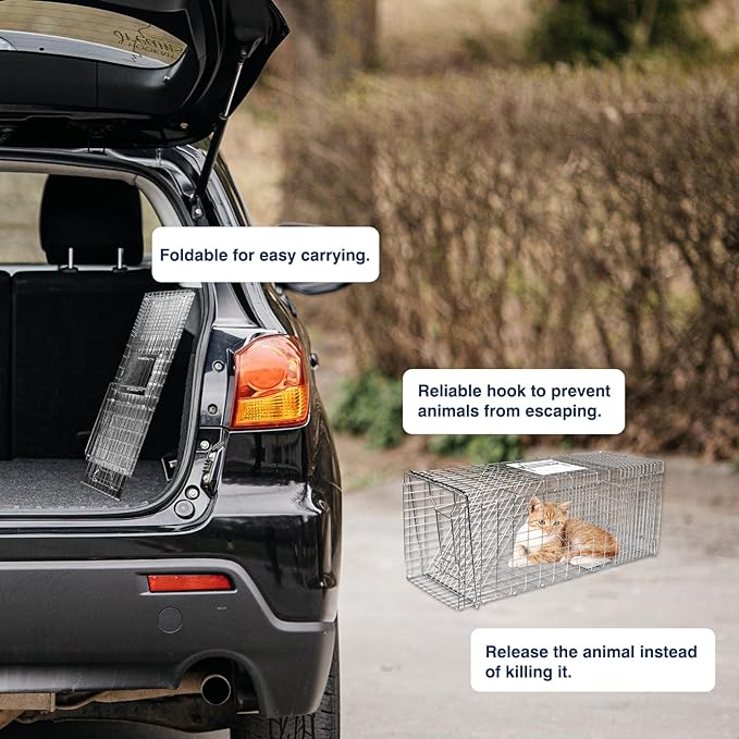 Animal Trap Cage, 24 Inch Live Traps for Raccoons Heavy Duty, Cat Trap for Stray Cats, Squirrels, Raccoon, Rabbits, Possum, Skunk, Outdoor Small Animal, Humane Catch & Release, Foldable