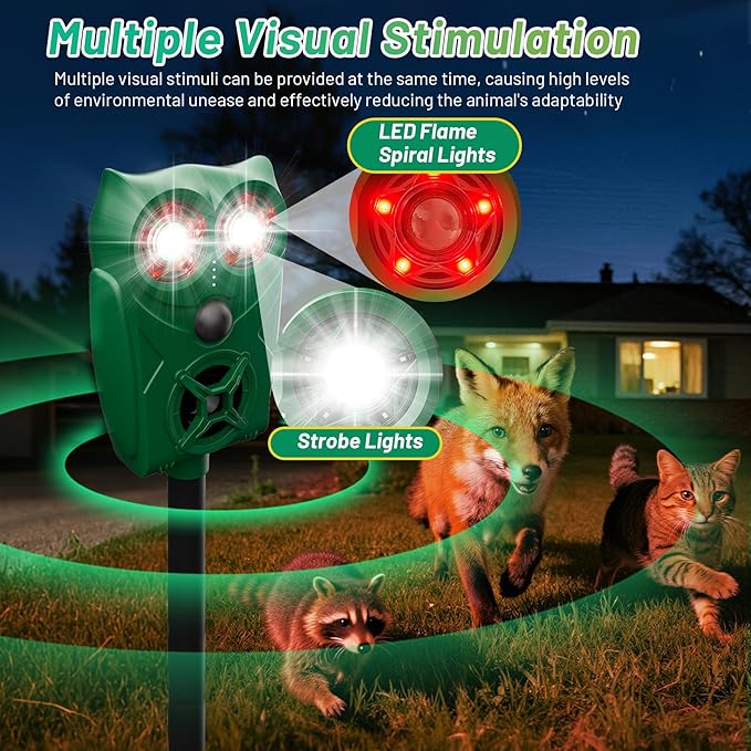 Solar-Powered Ultrasonic Animal Repellent with Motion Sensor, Waterproof Deer Repellent Device with LED Flashing Lights, Perfect for Outdoor Yards, Effective to Repel Deer, Coyotes, Raccoons, and Cats