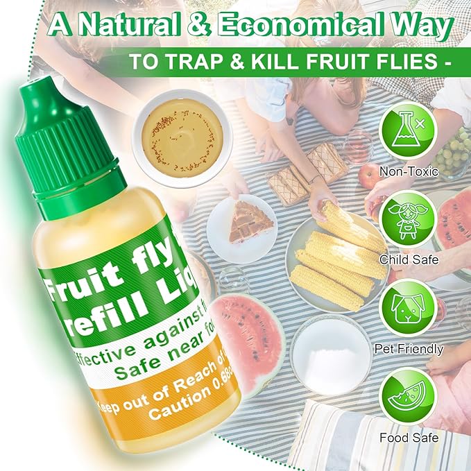 Qualirey 12 Pack Fruit Fly Trap Refill Liquid, 0.68oz Per Bottle Liquid Fruit Fly Traps for Indoors, Non Toxic Bait Safe Near Pets, Food and Kids, Lure Refill for Home Kitchen