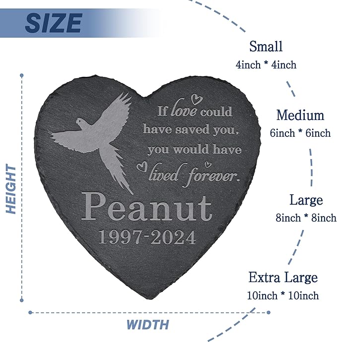 Parrot Memorial Stone Garden Statue - Memorial Gifts - Tombstone - Loss of Pet Gift - Heart