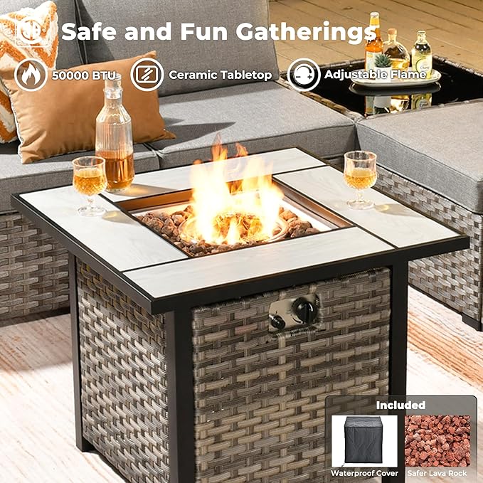 ovios 7 Pieces Patio Furniture Set, Outdoor Wicker Sectional Sofa with 30 Inch Fire Pit Table Comfy Cushions, Modern Modular Deep Seat Rattan Couch Conversation Set, Dark Grey