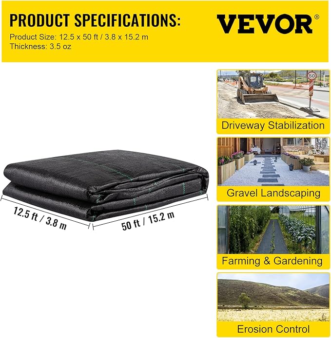 VEVOR Weed Fabric Barrier Heavy Duty, 12.5x50ft 3.5oz Weed Blocker Fabric, Woven Landscape Fabric, Garden Fabric Weed Barrier, Weed Control Fabric Ground Cover, Geotextile Fabric, Gardening Mat, Black