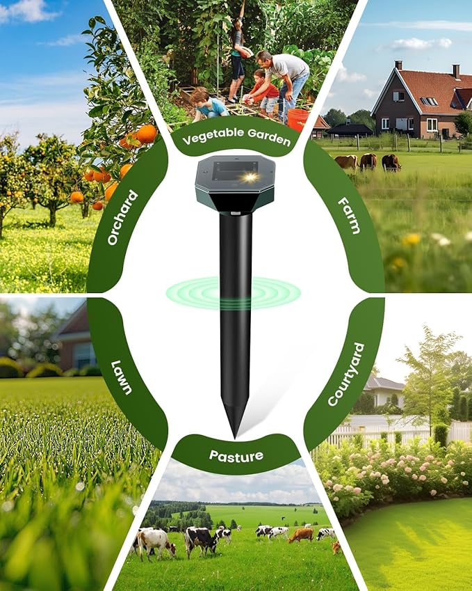 Snake & Mole & Rabbit & Skunk Repellent Solar Powered, 2025 Upgraded Ultrasonic Deterrent, IP65 Waterproof, Gopher Groundhog Chipmunk Raccoon and Vole Repellent & Deterrent for Lawn & Garden, 4 Pack
