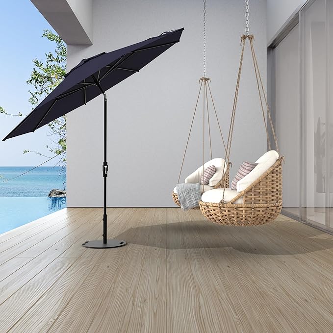 Midtown Umbrellas The Swilt 8 Feet Patio Umbrella in Terylast Navy (Navy Blue) Polyester Fabric - Fiberglass Ribs, Auto-Tilt Aluminum Frame For Backyard, Deck, Garden, Pool - White Pole