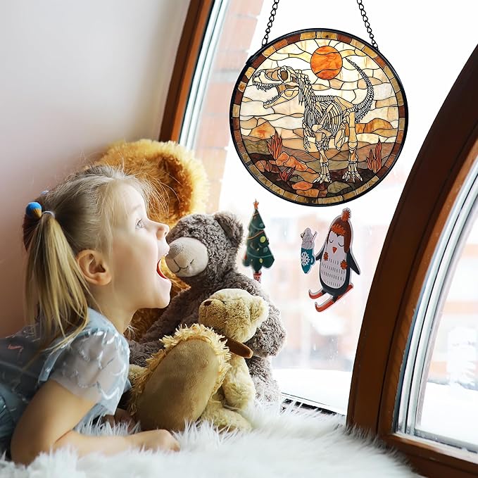 TNUW Dinosaur Skeleton Stained Glass Window Hanging, Prehistoric Dino Fossil Sunset Landscape SunCatchers Indoor Window Glass Round Wall Art Decor, Dinosaur Wall Hanging Decorations, 7.9"x7.9"