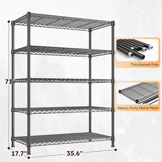REIBII Storage Shelves 71" H Tall Wire Shelving Unit Sturdy Metal Shelves Adjustable Wide Pantry Shelves 5 Tier Deep Heavy Duty Metal Shelving Load 1500LBS,Dorm Room Essentials Dorm Storage Rack