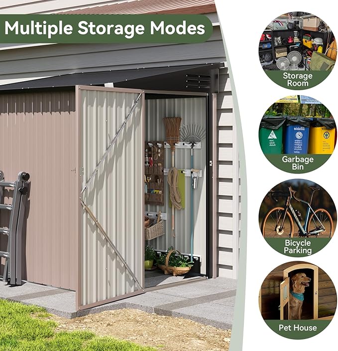 6'x4' Lean to Shed Galvanized Steel Storage Sheds with Side Door Waterproof Utility Shed with Sloped Roof for Mower, Bike, Garden Tools (Brown)