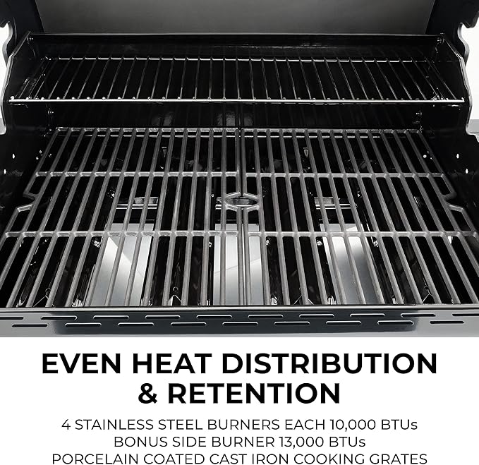 Kenmore 4-Burner Gas Grill with Side Burner, Outdoor BBQ Grill, Propane Gas Grill, Cast Iron Cooking Grates, Electronic Ignition, Warming Rack, Open Cart Design, 53000 BTUs, Stainless Steel and Black