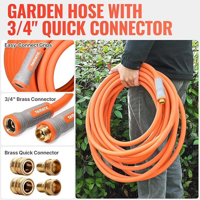 YAMATIC Garden Hose 5/8 in x 100 ft, Ergonomic Swivel Fittings, Burst 600 PSI, Heavy Duty, Flexible and Lightweight Water Hose with 2 Set Quick Connect