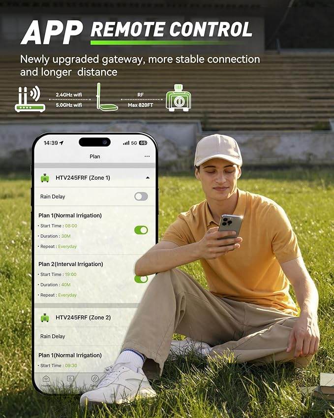 RAINPOINT WiFi Water Timer for Garden Hose, Brass Inlet 2 Zone WiFi Sprinkler Controller, Smart Hose Timer Valve with Antenna Gateway, Automatic Drip Irrigation System/Rain Delay for Garden/Lawn/Yard