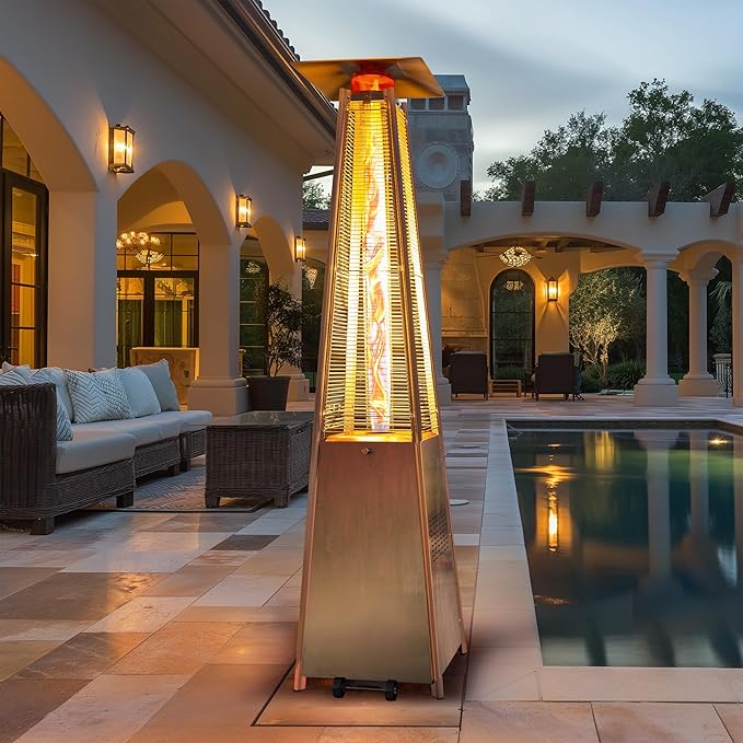 48,000 BTU Flame Pyramid Pool Heater, Stainless Steel Triple Safety Protection Patio Heater with Patio Cover, Warm Glass Tube Portable with Durable Wheels-Stainless Steel Color