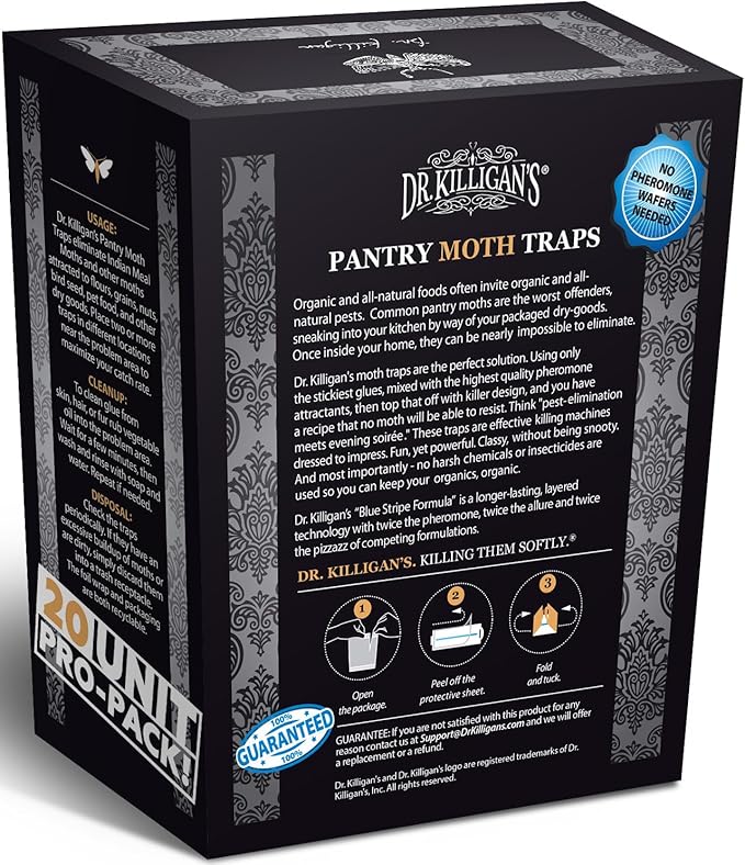 Dr. Killigan's Premium Double Potent Pantry Moth Traps with Pheromones Prime, Sticky Indian Meal Moth Traps for Kitchen, How to Get Rid of Moths in House, Organic Moth Pheromone Traps (20 Pack, Black)