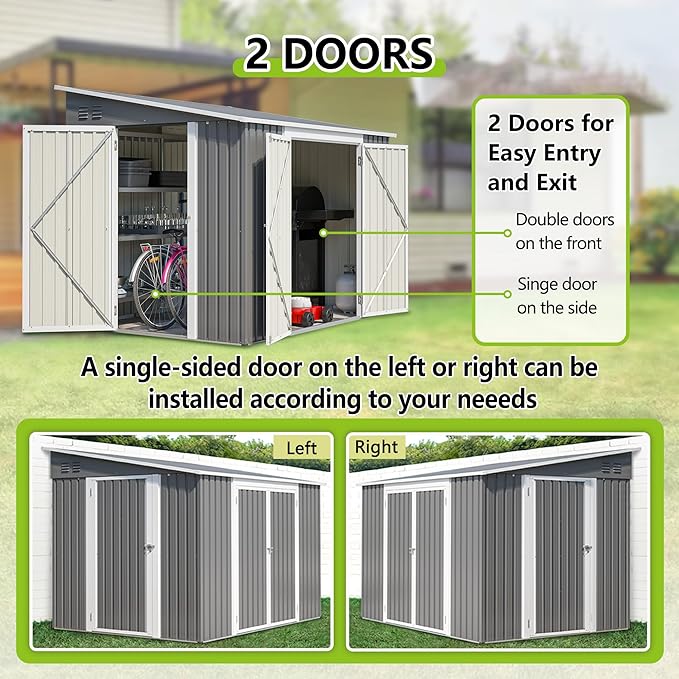 8x6 FT Outdoor Storage Shed with Reversible Door Installation, Heavy Duty Outdoor Shed w/Reinforced Floor Fram and Lockable Door, Garden Tool Storage Cabinet for Backyard Patio Lawn, Gray