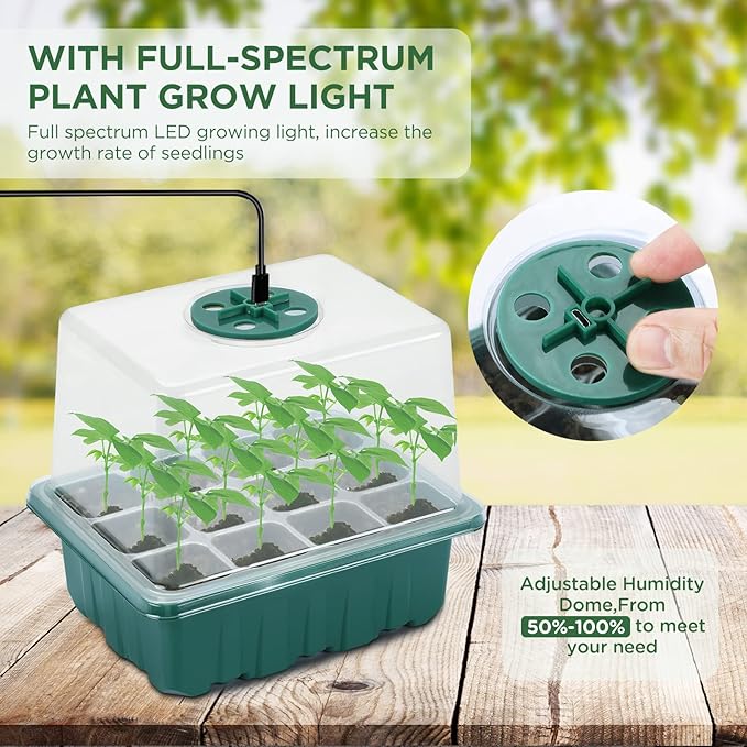 Seedfactor Seed Starter Tray with Light, 6PCS Seed Starter Kit with Grow Light, Seedling Starter Trays with Humidity Domes, Covers Height 3.9", Indoor Gardening Plant Germination Trays