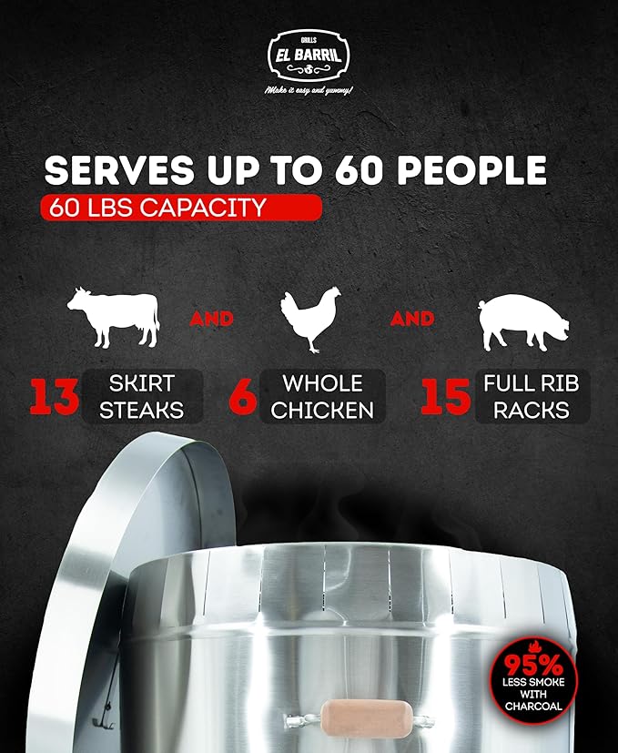 EL BARRIL 60lbs Premium Vertical Grill, Stainless Steel Barrel Charcoal Smoker, Extra Large Outdoor Smoker with Even Heat Distribution