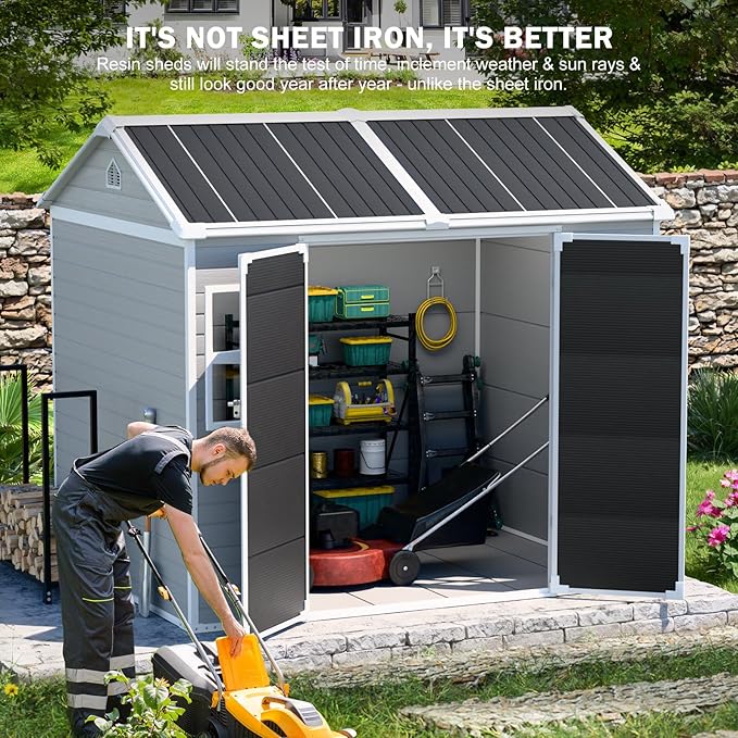 CDCASA 8x6 FT Resin Storage Shed, Waterproof Large Outdoor Sheds with Floor Included & Lockable Door & 2 Windows, Outside Plastic Tool Shed for Backyard, Patio, Poolside, Bike, Dove Grey