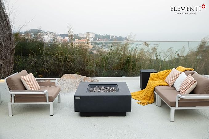 Elementi+ | Bergen Gas Fire Pit Cast Concrete 40" Square Fire Table, Outdoor Fire Pit Electronic Ignition | Canvas Cover, Fire Glass and Burner Lid Included | Dark Gray | Propane Gas