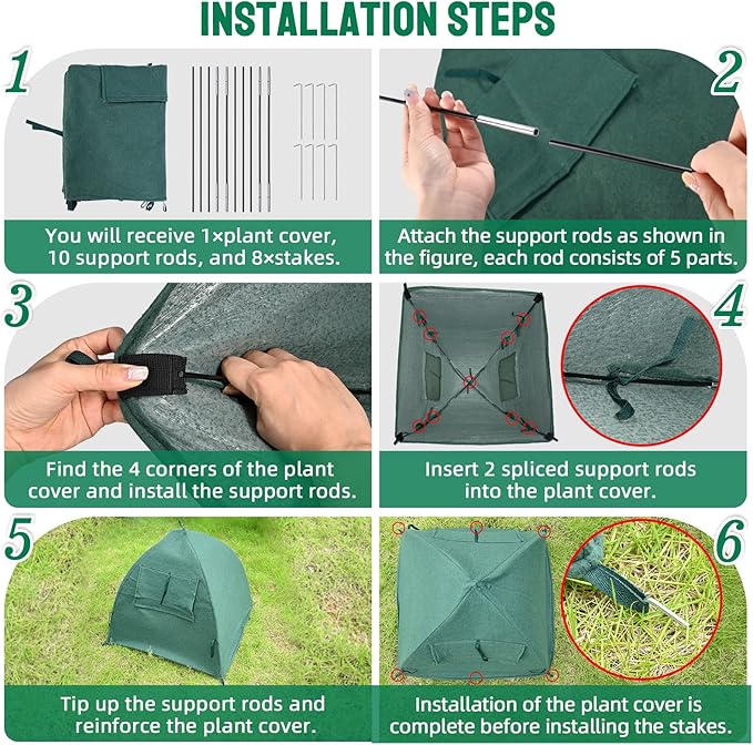 2 Packs Plant Cover Freeze Protection Blanket, 36''x36''x38'' Outdoor Garden Fabric Cover with Poles and Stakes for Winter Frost, Shade Cloth Plant Guard for Shrubs, Small Trees, Green