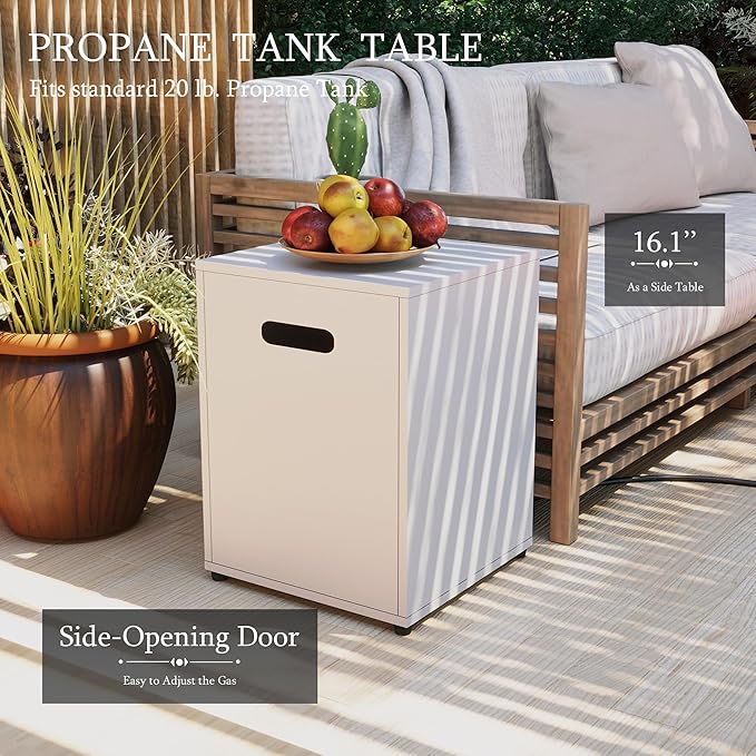UPHA 56-inch Outdoor Propane Gas Fire Pit Table 50000 BTU Iron Rectangle Firepit for Outside Patio with Tank Hidden Table, Wind Guard, Removable Lid, Blue Glass Rocks, Rain Cover, White