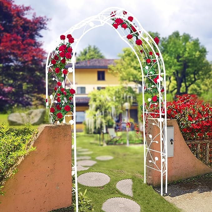 Metal Garden Arch 98.4" H Garden Arbor Trellis Climbing Plants Support Rose Arch Outdoor Lawn Wedding Party Events Archway Off White