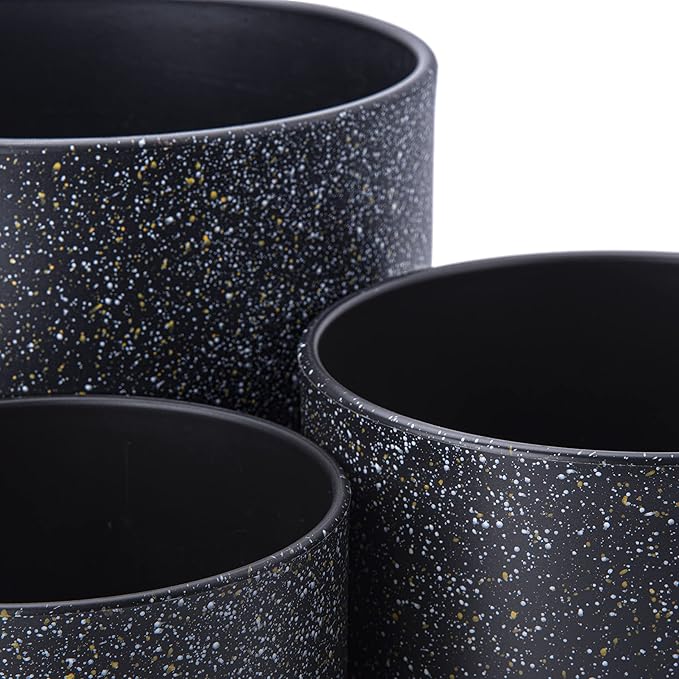 D'vine Dev 6.5 Inch 8 Inch 10 Inch, Set of 3 Plastic Planter Pots for Plants with Drainage Hole and Seamless Saucers, Speckled Black Color, Large, 74-V-F-4