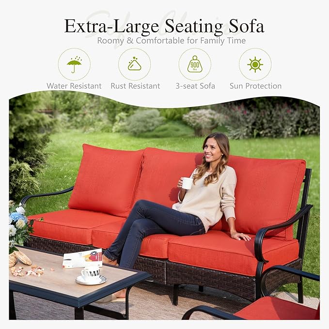 Sophia & William Patio Furniture Set, 5 Piece Metal Outdoor Conversation Set with 3-Seater Outdoor Couch, 2 Swivel Chairs, 1 Loveseat,1 Coffee Table for Outdoor Seating, Backyard, Porch(Red)