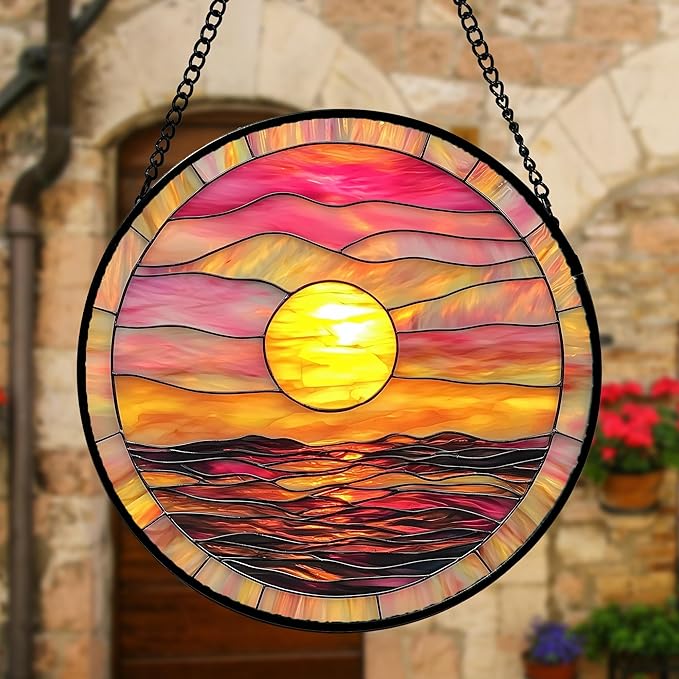 Stained Glass Window Hanging, Sunrise Sea Surface Sun Catchers Diamond Glass Panel Hangings Abstract Suncatcher Decor for Birthday for Women, Men, Wife, Aunt, and Mom 9.8 in