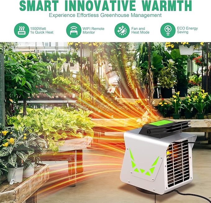Greenhouse Heater 1500W with APP Remote Control, Greenhouse Heater With Thermostat, Portable Outdoor Heater for Plants Vegetables Flowers,Smart Electric Safe Heater for Green house,Grow Tents,Garage