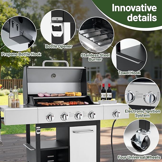 4-Burner Propane Gas BBQ Grill with Wheels, 40,000 BTU Output Stainless Steel Barbecue Grill for Backyard, Outdoor Cooking Easy Assembly, Foldable Side Tables & Spice Rack (Silver)