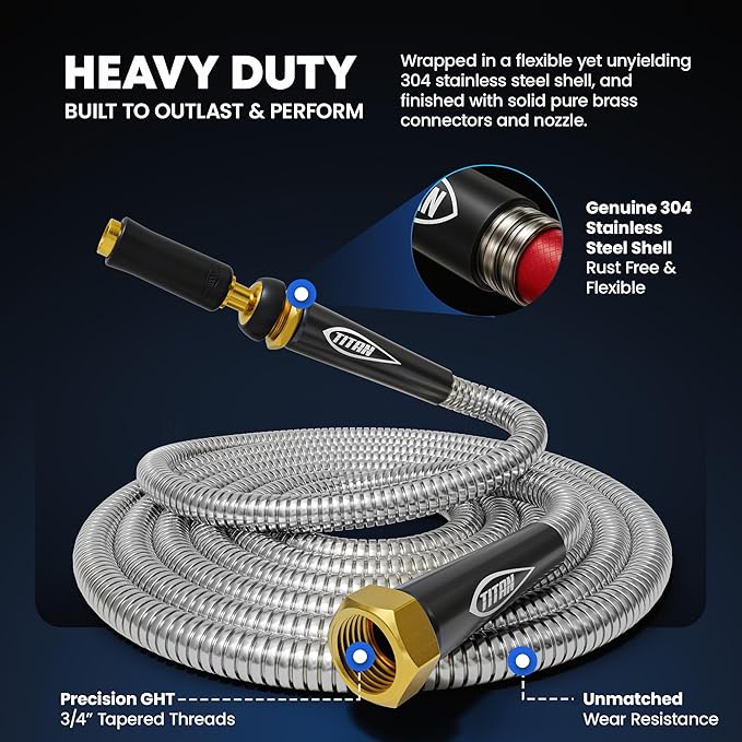 TITAN Garden Hose 15FT - 304 Stainless Steel Metal Water Hose, Flexible, Kink-Free, Lightweight, Durable, Crush Resistant Fittings, Easy to Coil, 500 PSI