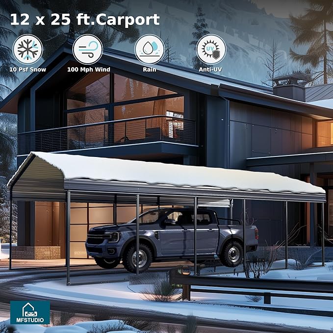 MFSTUDIO Carport 12x25 ft, Outdoor Heavy Duty Carports with Sidewalls, Metal Shed Canopy Shelters Garage Shelter Shade Car Ports with Galvanized Roof for Cars, Truck and Boats 