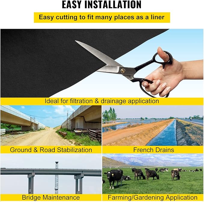 VEVOR Geotextile Landscape, 15ft x 20ft 4 oz Non-Woven PP Drainage 350N Tensile Strength & 440 N Load Capacity, for Ground Cover, Garden Fabric, French Drains, Black
