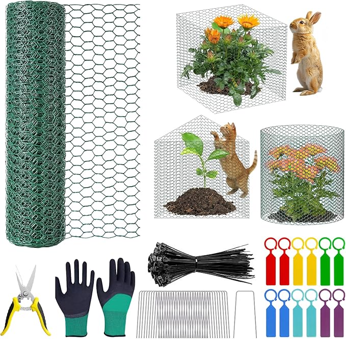 39.4ft x16In Plant Protectors from Animals, Plant Cages for Outdoor Plants, Wire Plant Protector Cage,Chicken Wire Cloche with Gloves, Plier, Ground Stakes & Nylon Ties Protect Plants from Animals 