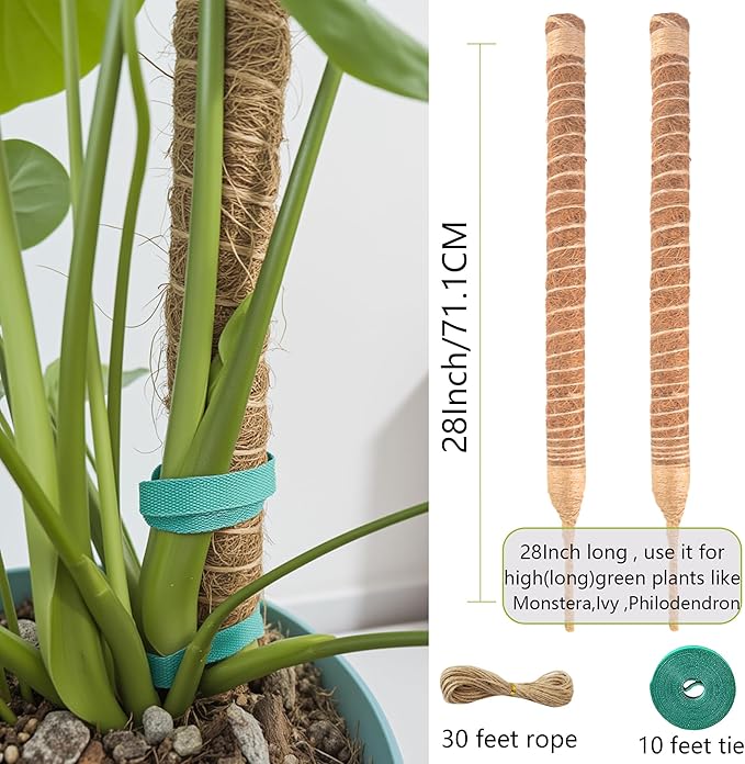 2 Pack Bendable Moss Pole 28 Inch, Monstera Plant Support Stake,Coco Coir Pole Sticks for Indoor Plants,Climbing Potted Plants,Pothos, Philodendron with Plants Ties