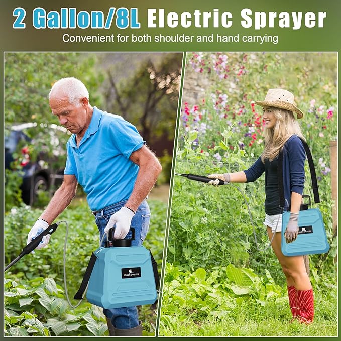 Battery Powered Sprayer 2 Gallon, 7.4V Powerful Electric Sprayer with 4 Nozzles, Rechargeable Handle with 36.22'' Retractable Wand, Adjustable Shoulder Strap, Weed Sprayers in Lawn Garden Yard (Blue)