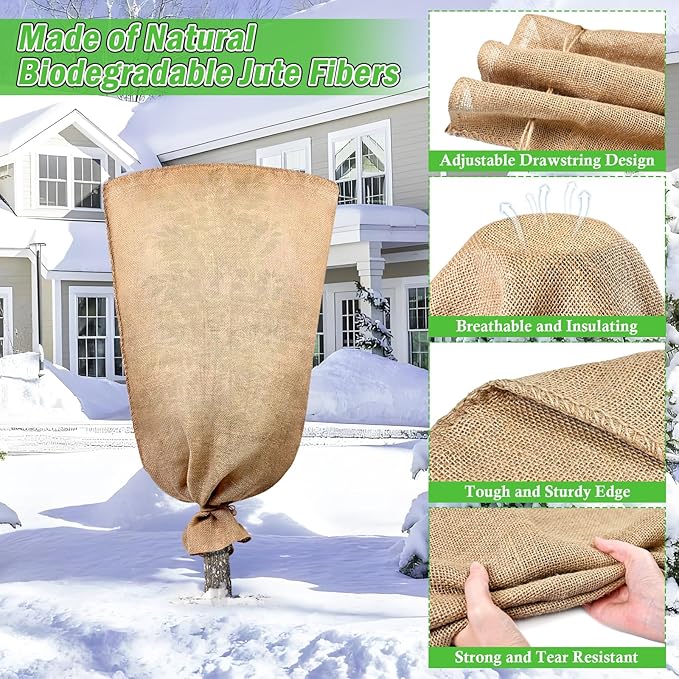 Legigo 3 Pack 24 X 40 Inch Burlap Plant Covers Freeze Protection Bags, Winter Plant Frost Covers with Drawstring, Reusable Tree Covers Burlap Frost Cloths Protection for Outdoor Plants Shrubs Fruit