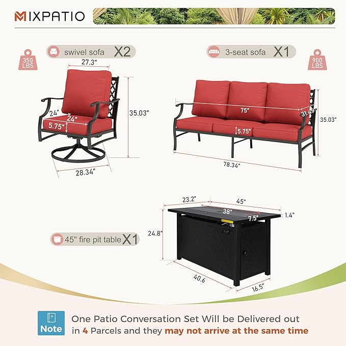 Patio Furniture Set, 4 Pcs Metal Outdoor Conversation Set, 2 Swivel Chairs and 3 Seater Sofa with 5.75" Extra Thick Cushion and Gas Fire Pit Table for Backyard Deck, Red