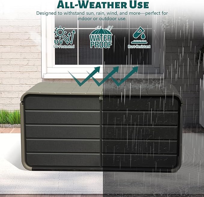 Domi 200 Gallon Outdoor Storage Box – Waterproof, UV-Resistant Deck Box with Lockable Lid for Patio Furniture, Garden Tools, Delivery Packages (Large Resin Storage Bin)
