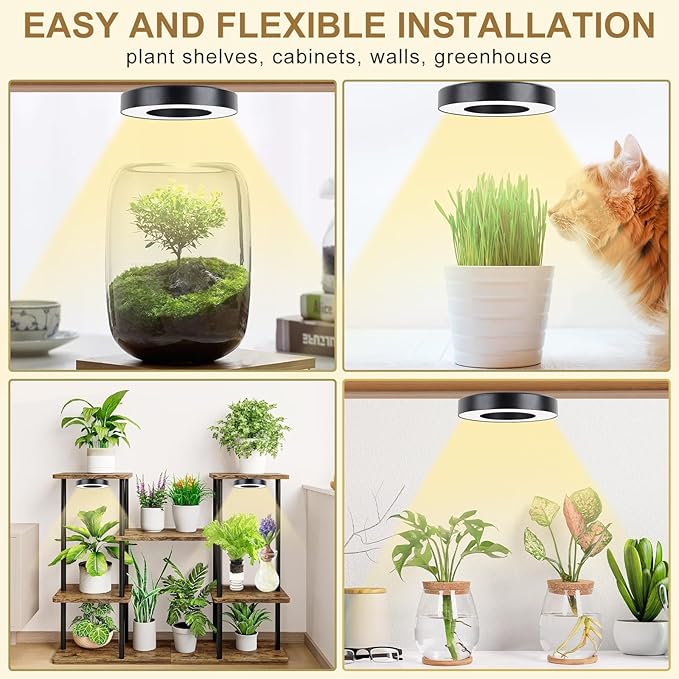 Grow Light for Indoor Plants, 144 LEDs Full Spectrum Halo Plant Light with Auto On/Off Timer (4/8/12H), 10-Level Dimmable, 3 Lighting Modes for Small Plants, Succulents (Black, Tri Head)