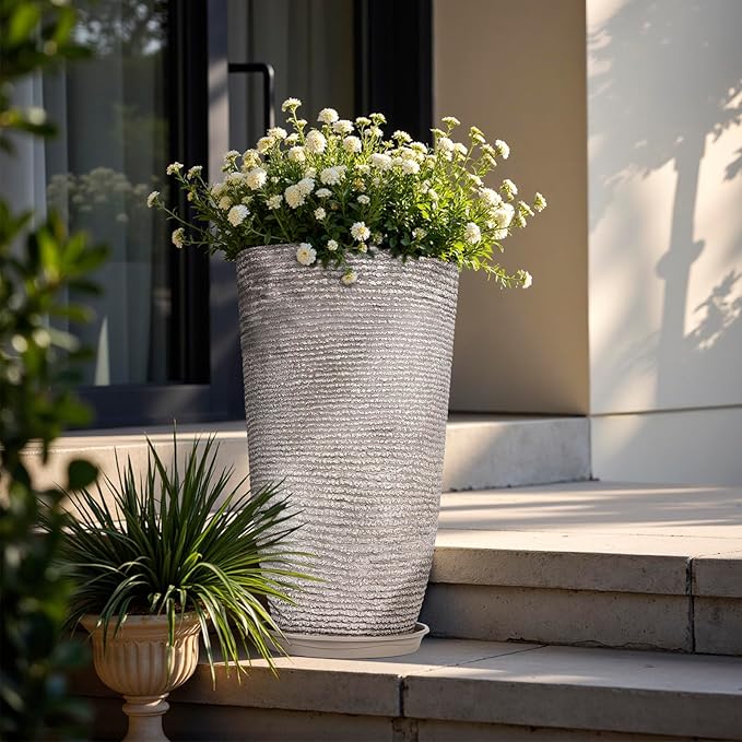 QCQHDU Set of 2 Oversized 9 Gallon Round Planters for Front Door & Patio - 12x21 Inch Tall Outdoor/Indoor Plant Pots with Drainage Tray, Gray Faux Stone Textured Tree Planters for Porch Decor